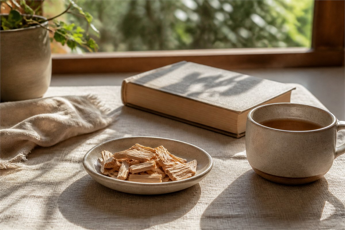 Sandalwood chips in a ceramic dish beside tea and a closed book by a window