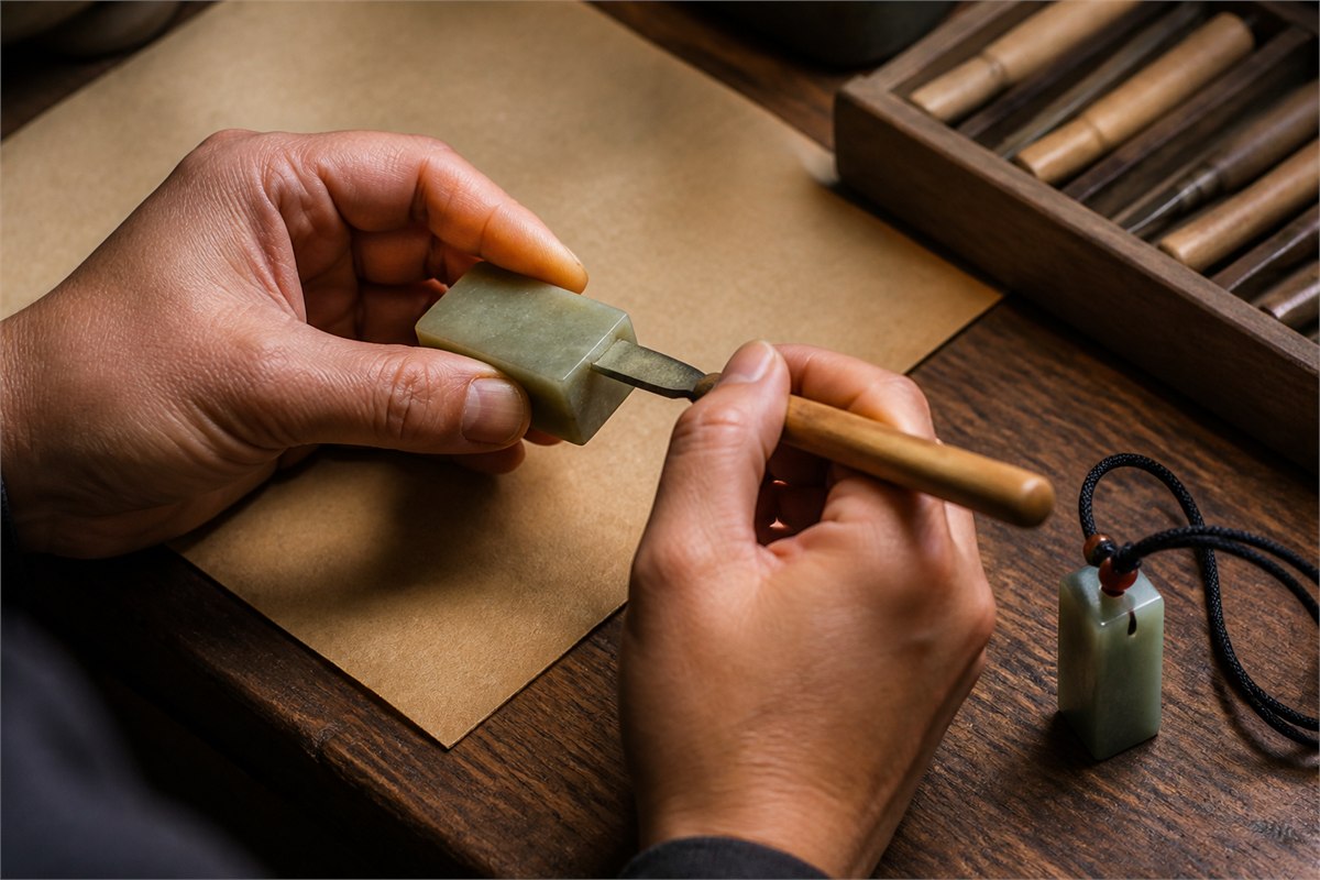 Artisan carving a stone seal blank beside a separate corded seal-shaped pendant