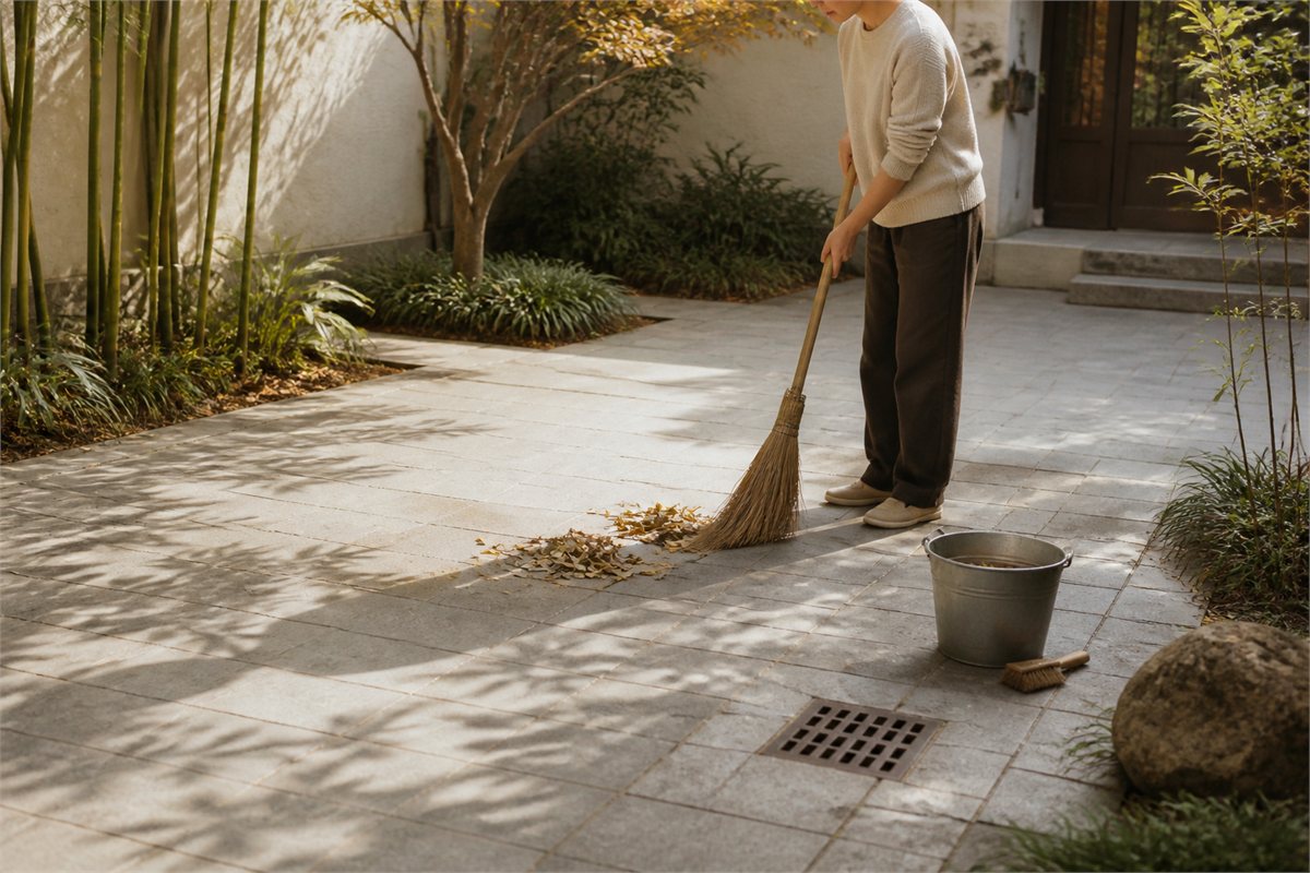 Person sweeping autumn leaves from a porcelain-paved courtyard beside a clear drain