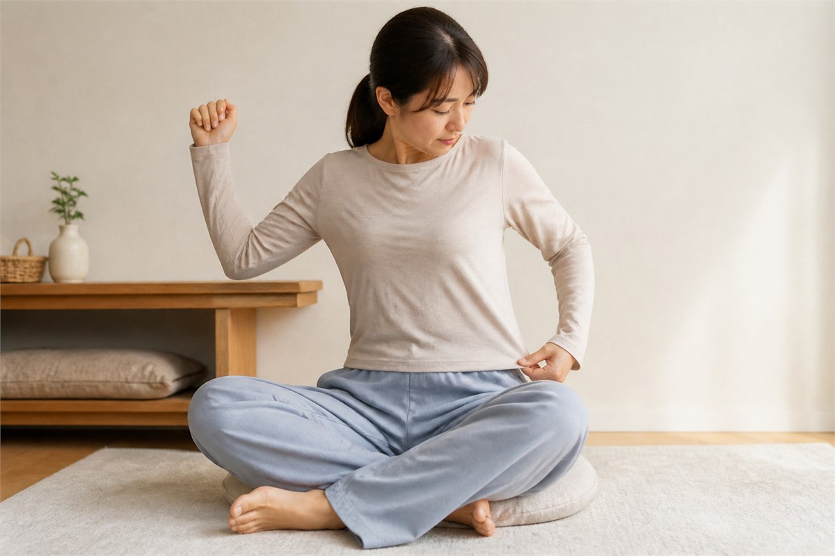 Seated adult raising one arm to check how a relaxed meditation top and trousers move