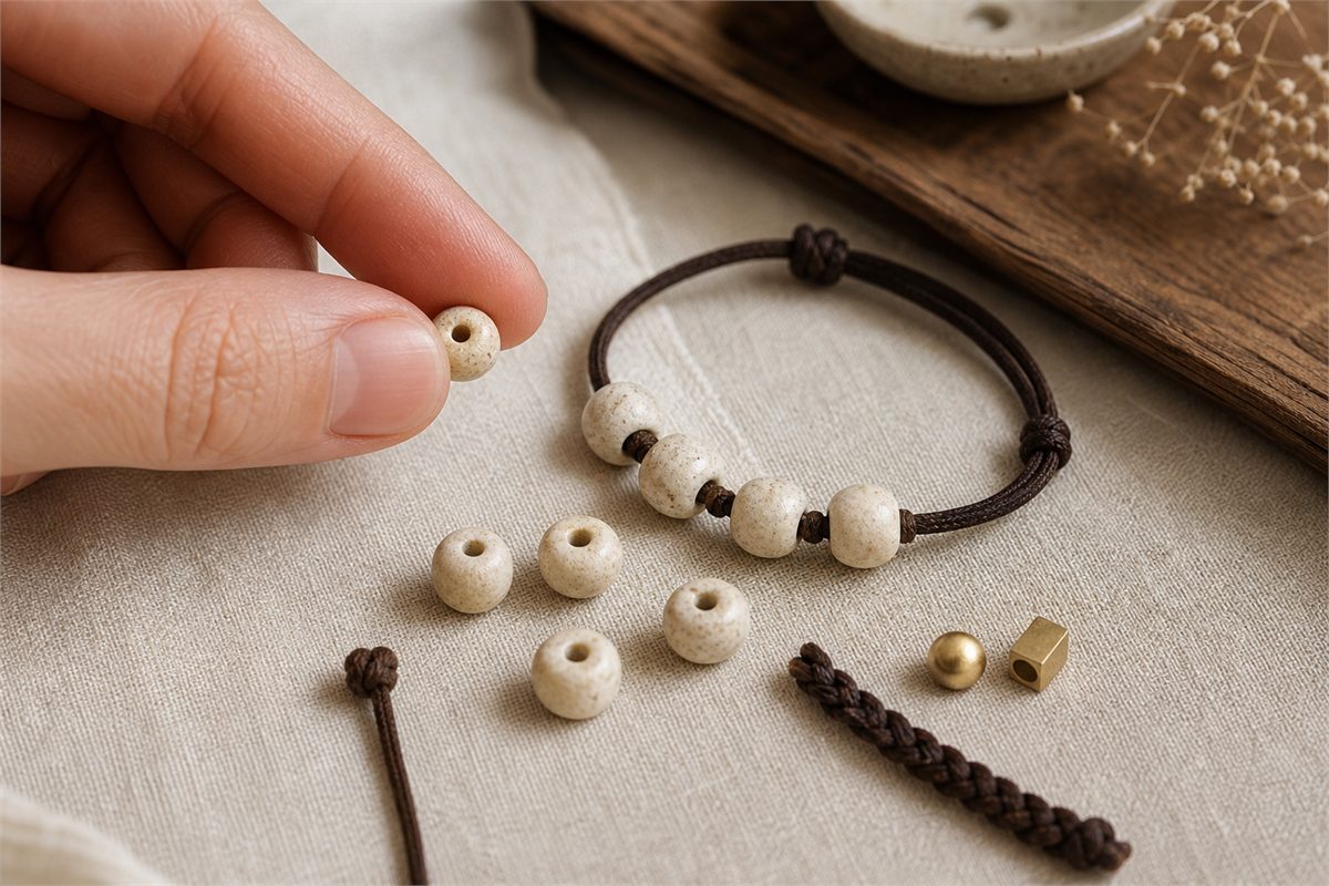 Opaque cream seed beads with drilled holes, brown cords, knots, and rounded and angular metal spacers