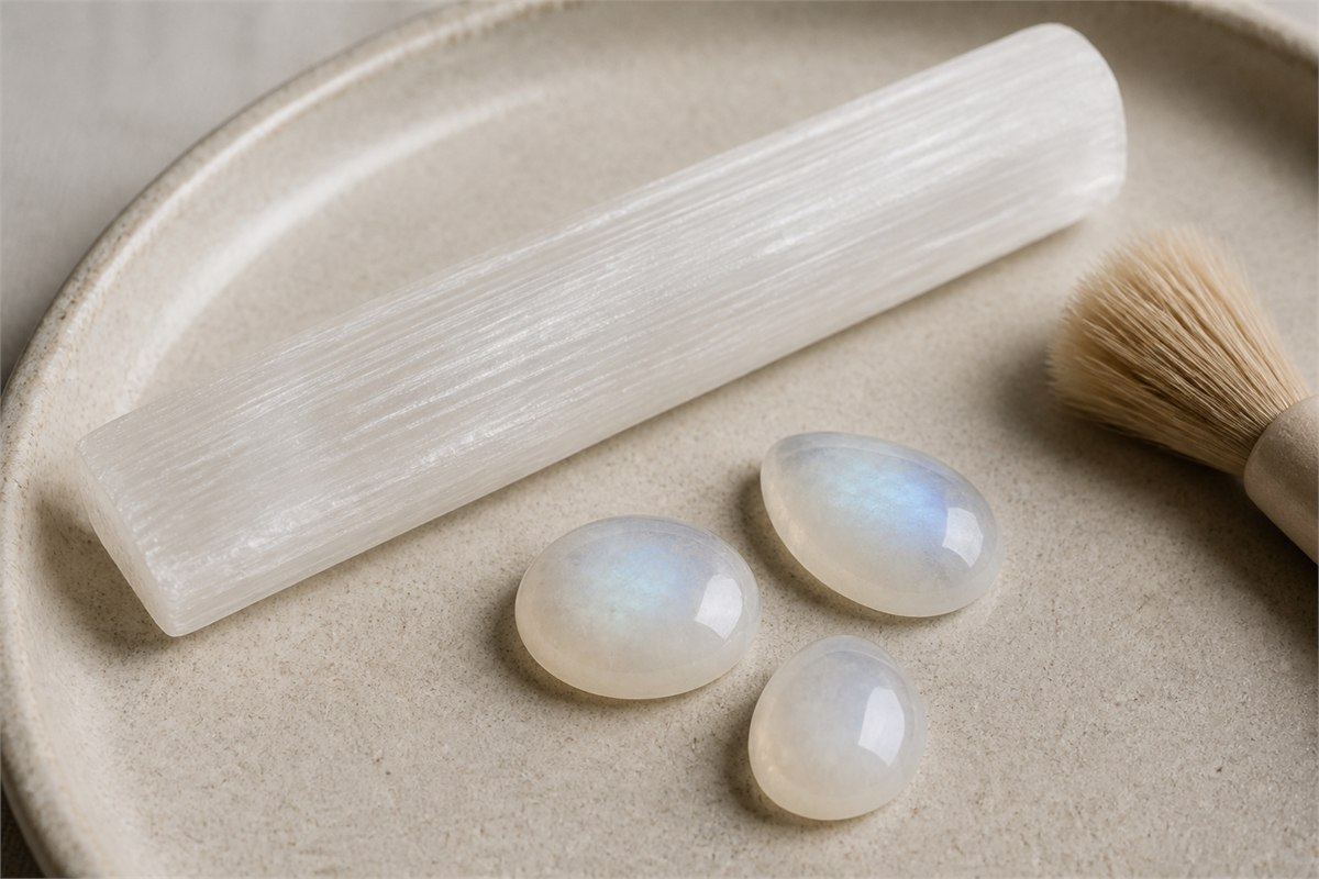White fibrous satin-spar gypsum and moonstone cabochons with soft adularescence