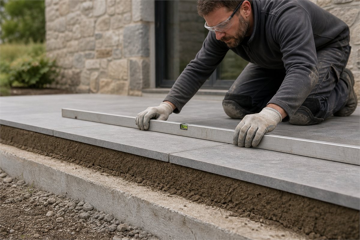 Outdoor porcelain pavers over a damp, granular semi-dry mortar bed and prepared concrete slab