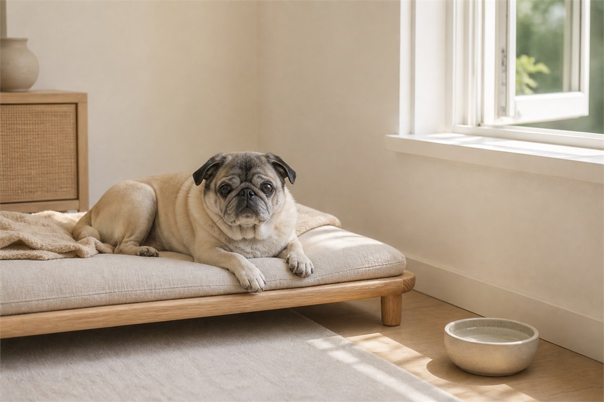 Senior pug resting comfortably in a fragrance-free room near an open window