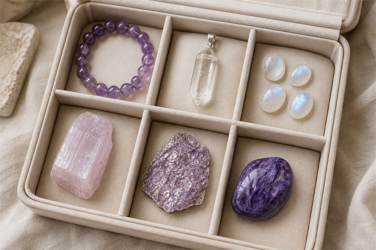 Amethyst, clear quartz, moonstone, kunzite, lepidolite, and charoite stored in padded compartments