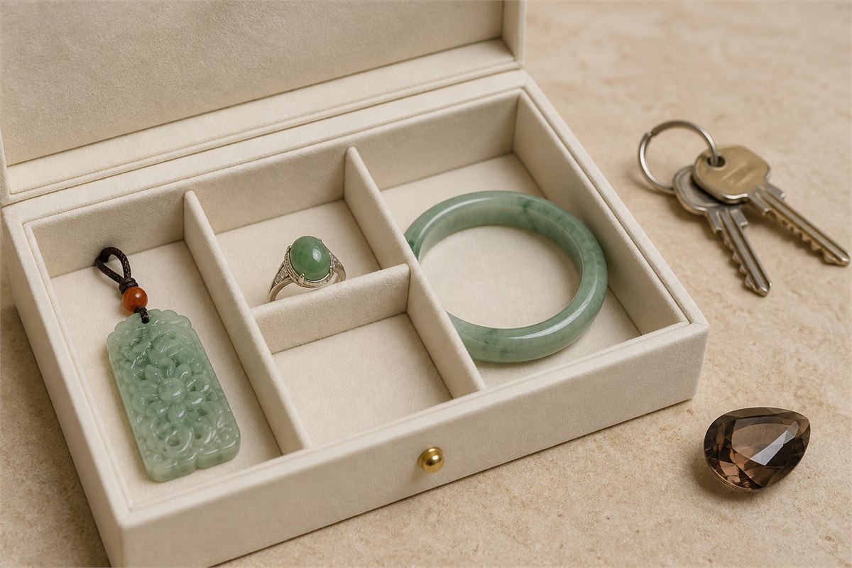 Nephrite, jadeite, and Xiuyan jade pieces rest in separate padded compartments while keys and a faceted stone remain outside.