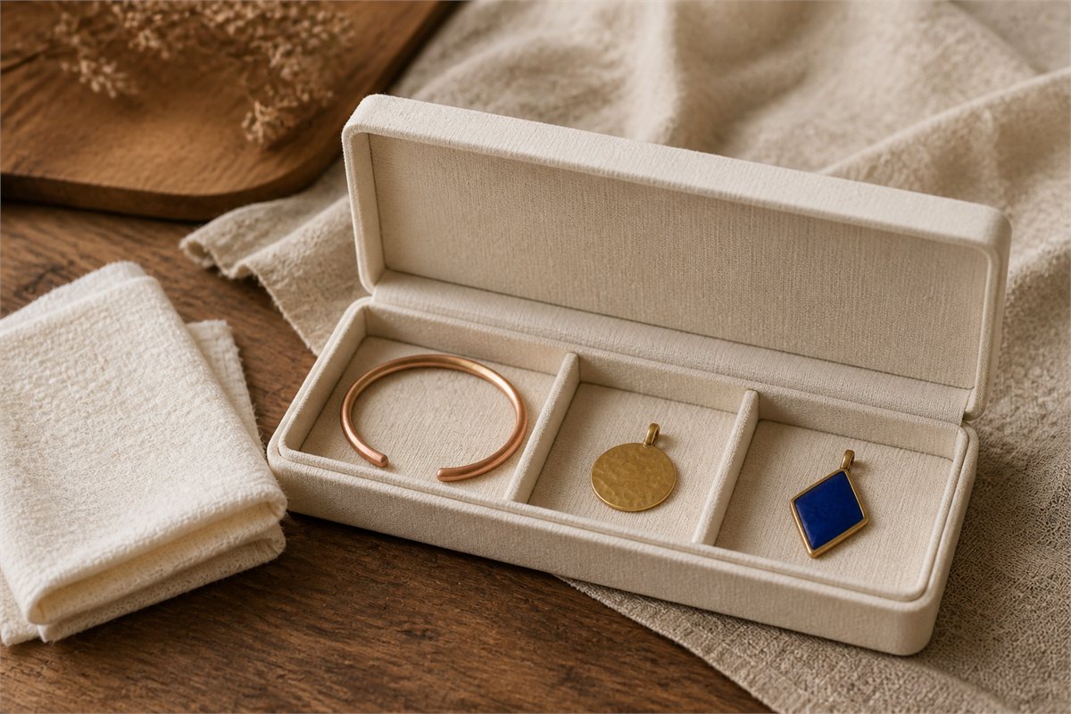 Copper cuff and two pendants stored separately in a padded ivory jewelry box