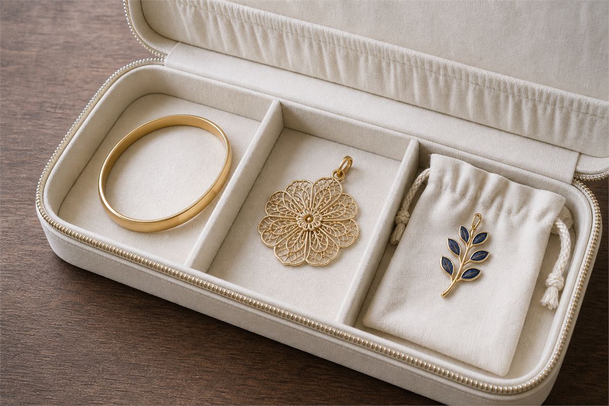 Gold bangle filigree pendant and enamel charm stored in separate soft compartments