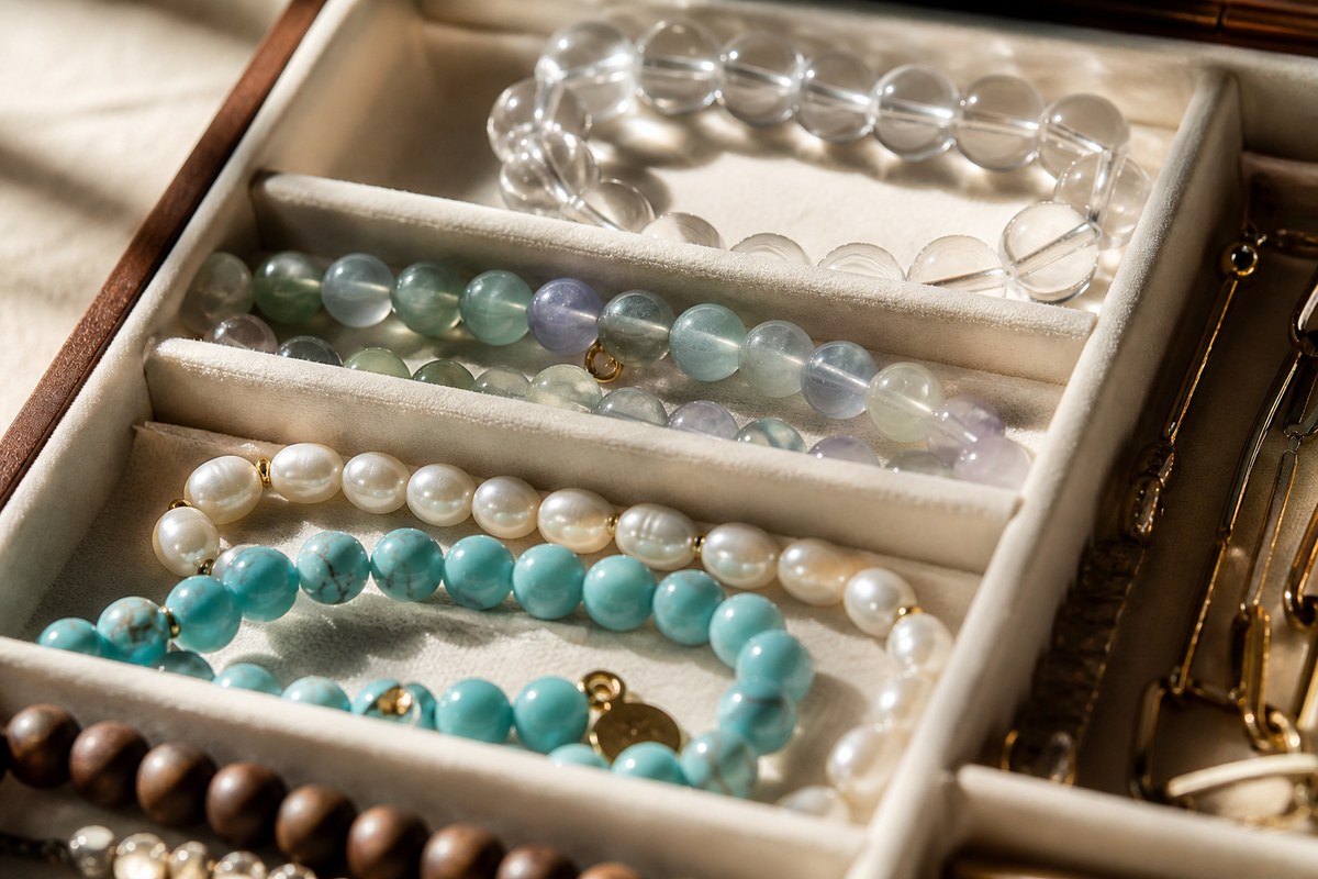 Quartz, pale stone, pearl-like, turquoise-colored, wood, and metal bracelets stored in separate padded rows
