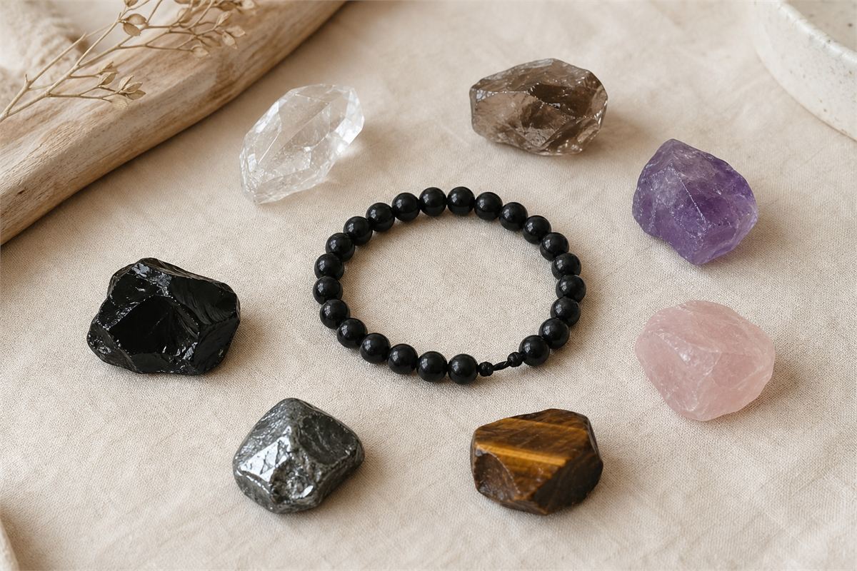 Black tourmaline bracelet surrounded by clear quartz, smoky quartz, amethyst, rose quartz, tiger’s eye, hematite, and obsidian.