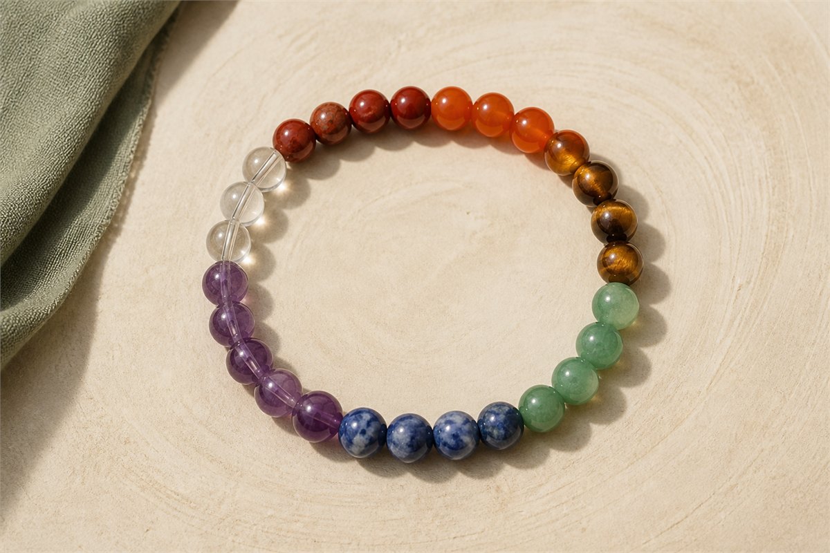 Seven-color stone bracelet forming a complete circle on a pale wood surface