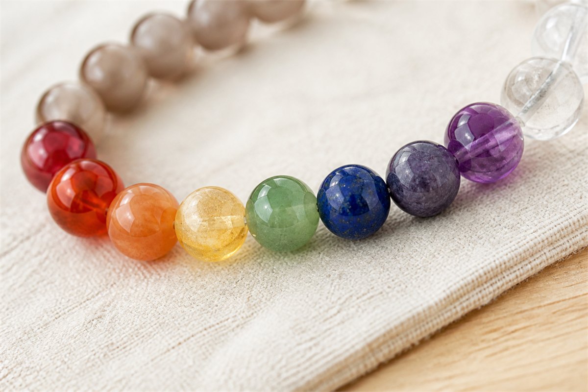 Close view of red orange yellow green blue indigo and violet bracelet beads