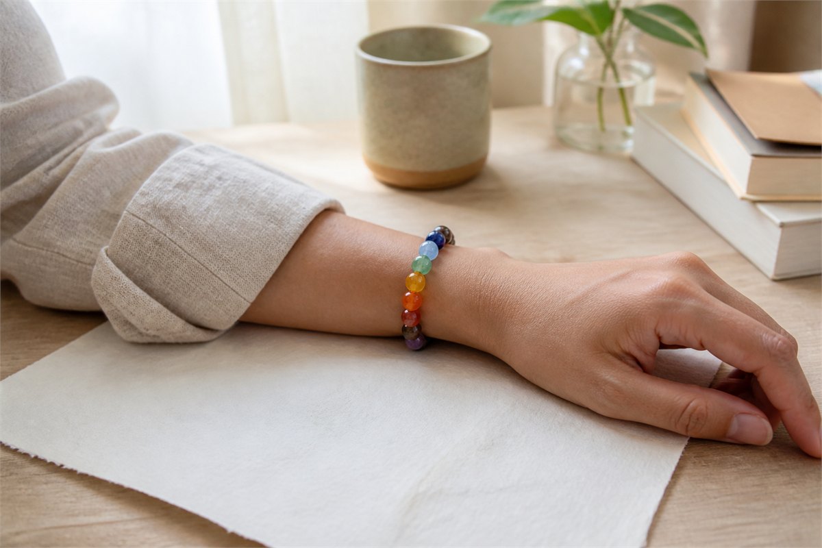Adult wearing a seven-color bead bracelet at a quiet wooden desk
