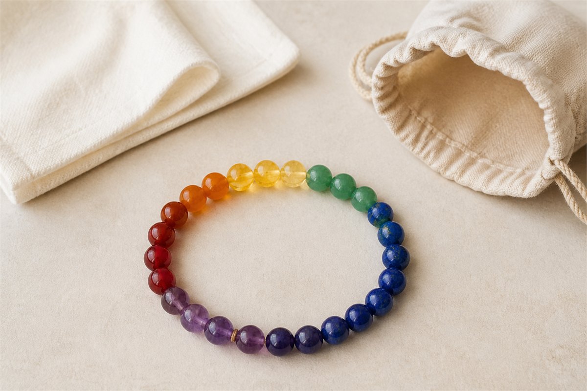Seven-color bracelet beside a soft dry cloth and separate fabric pouch