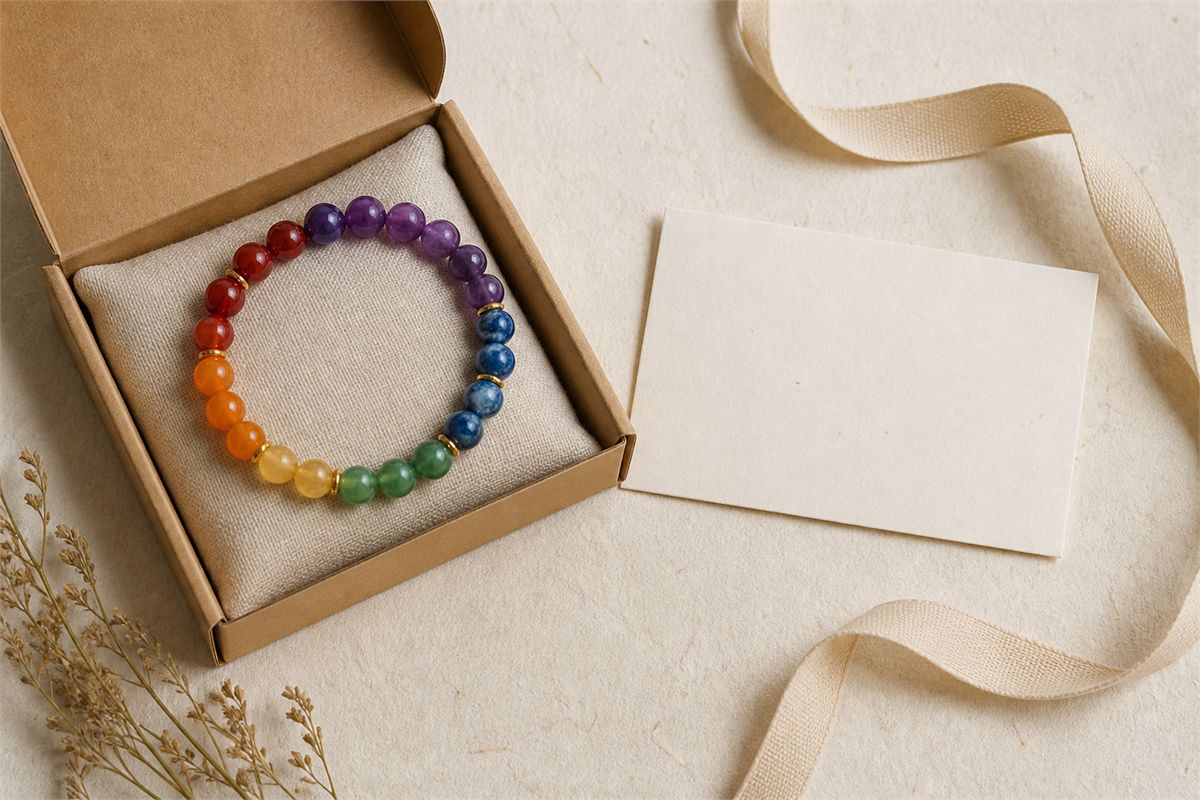 Seven-color bracelet in a kraft gift box beside a blank cream card
