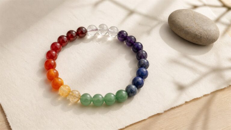 Seven-color chakra bracelet arranged in a circle on warm ivory fabric