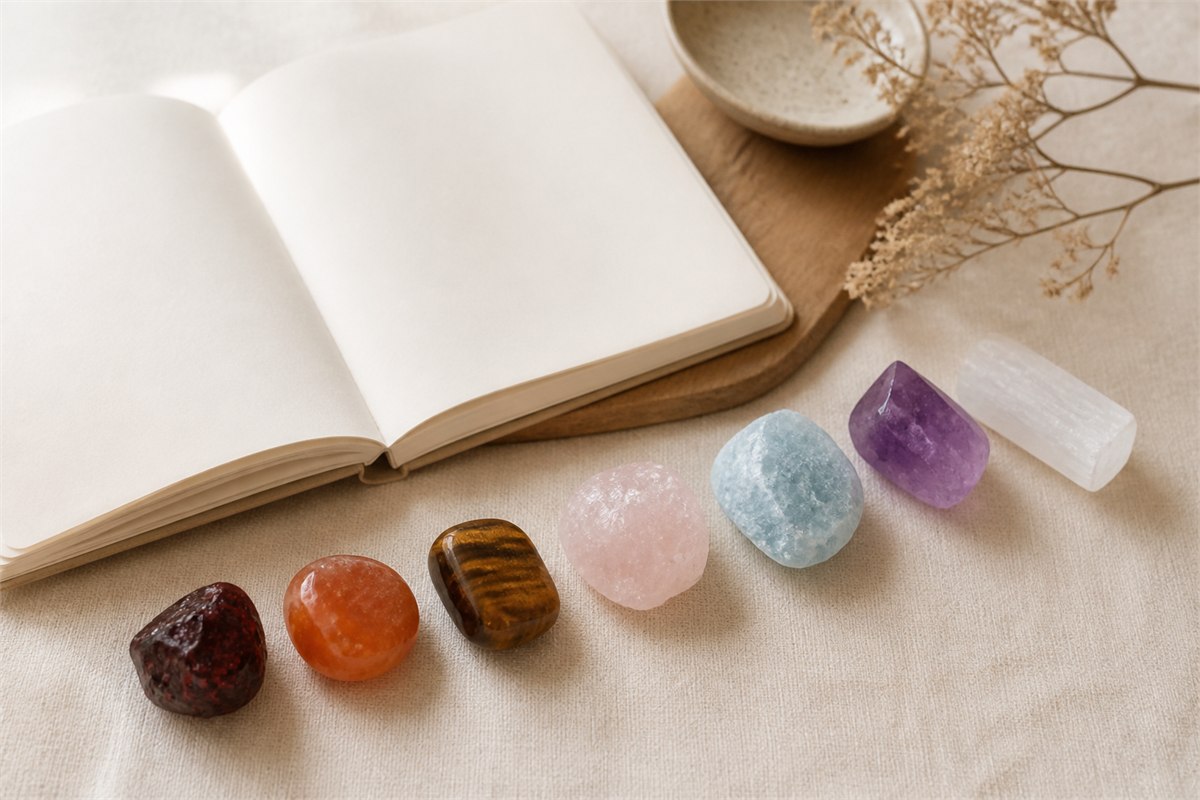 Seven distinct chakra-associated stones beside a blank journal in warm natural light