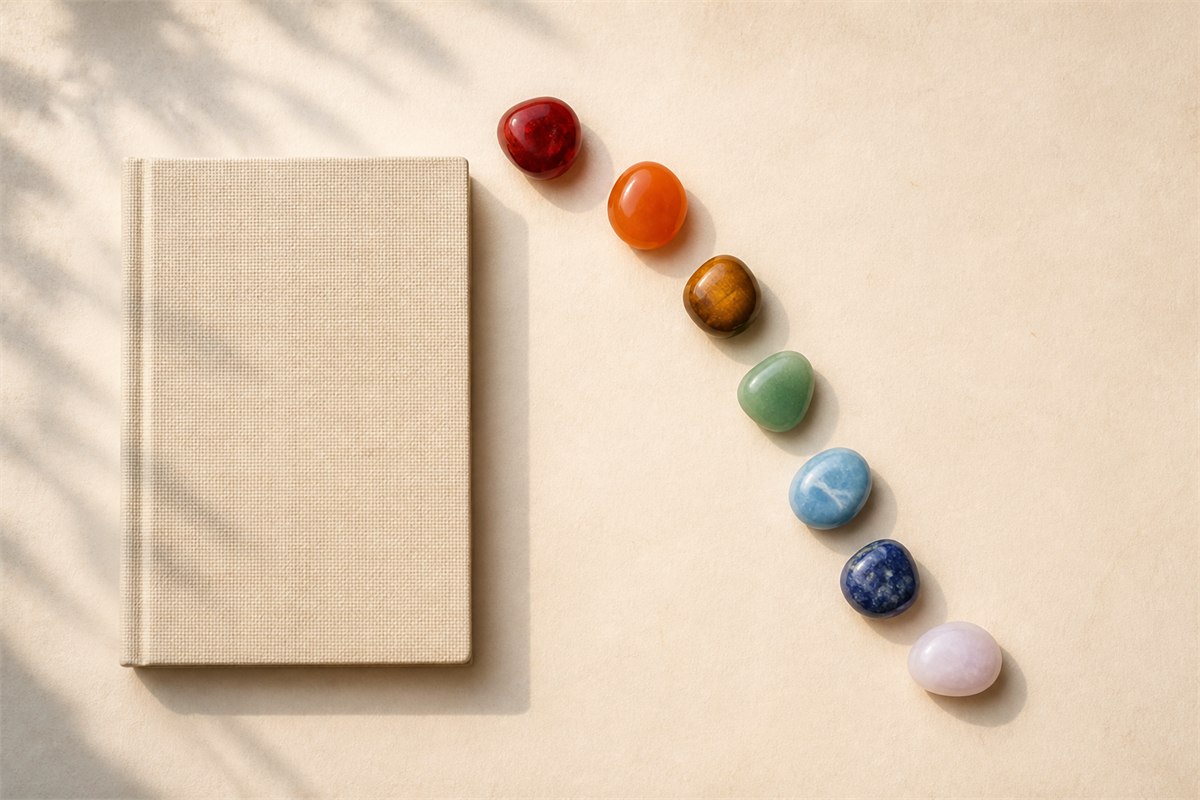 Exactly seven stones in red, orange, golden brown, green, blue, indigo, and pale violet tones beside a blank linen journal