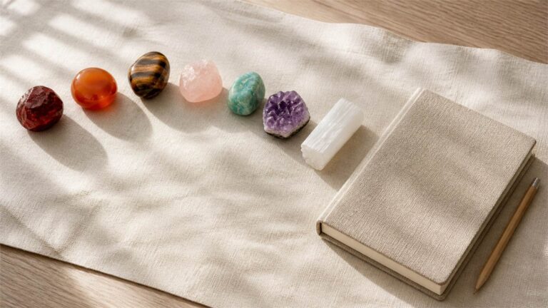 Seven distinct natural stones in a loose arc beside a blank linen journal