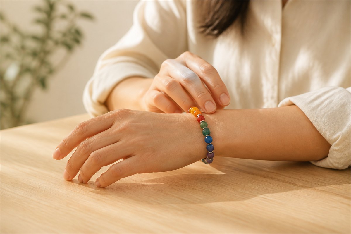 Adult gently touching the colored beads of a bracelet during a quiet pause
