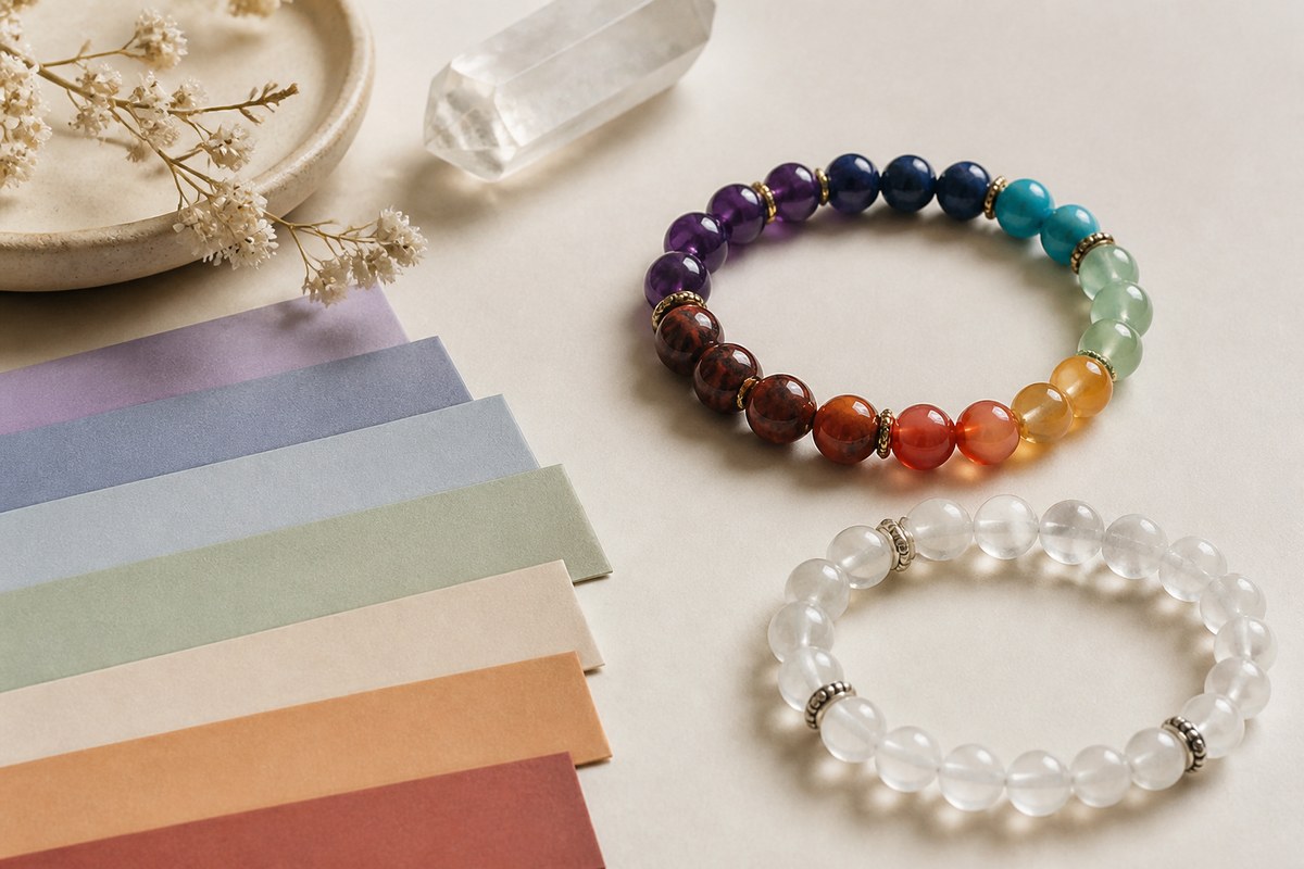 Seven-color stone bracelet beside muted color swatches and a separate clear quartz bracelet
