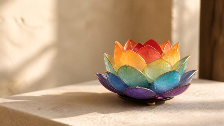 Seven-colored lotus art object made from translucent glass in warm morning light