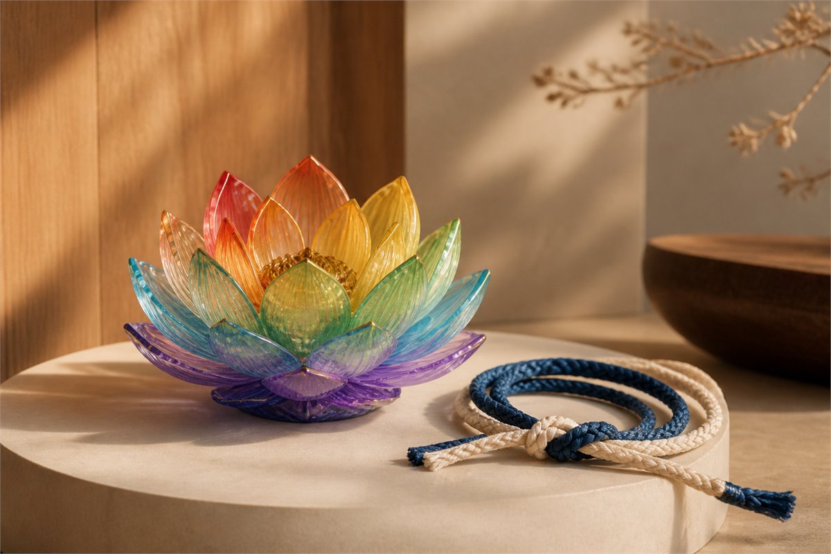 Seven-colored glass lotus art object beside intertwined cream and indigo silk cords