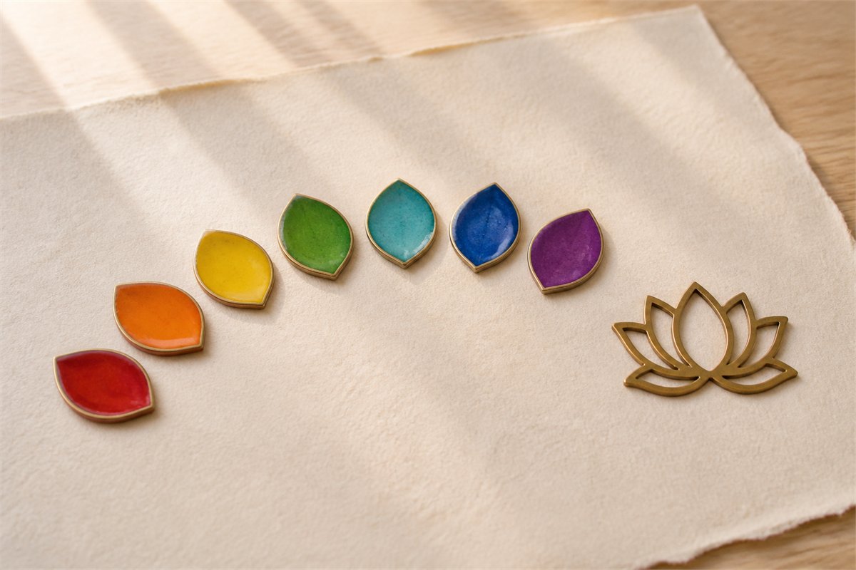 Seven enamel lotus petals in red orange yellow green cyan blue and violet beside a brass lotus outline