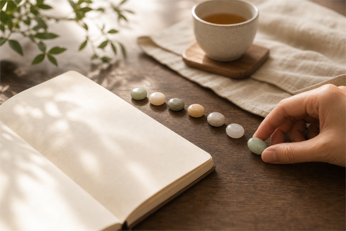 Adult hand placing the seventh smooth stone bead in a row beside an open blank journal and ceramic tea cup
