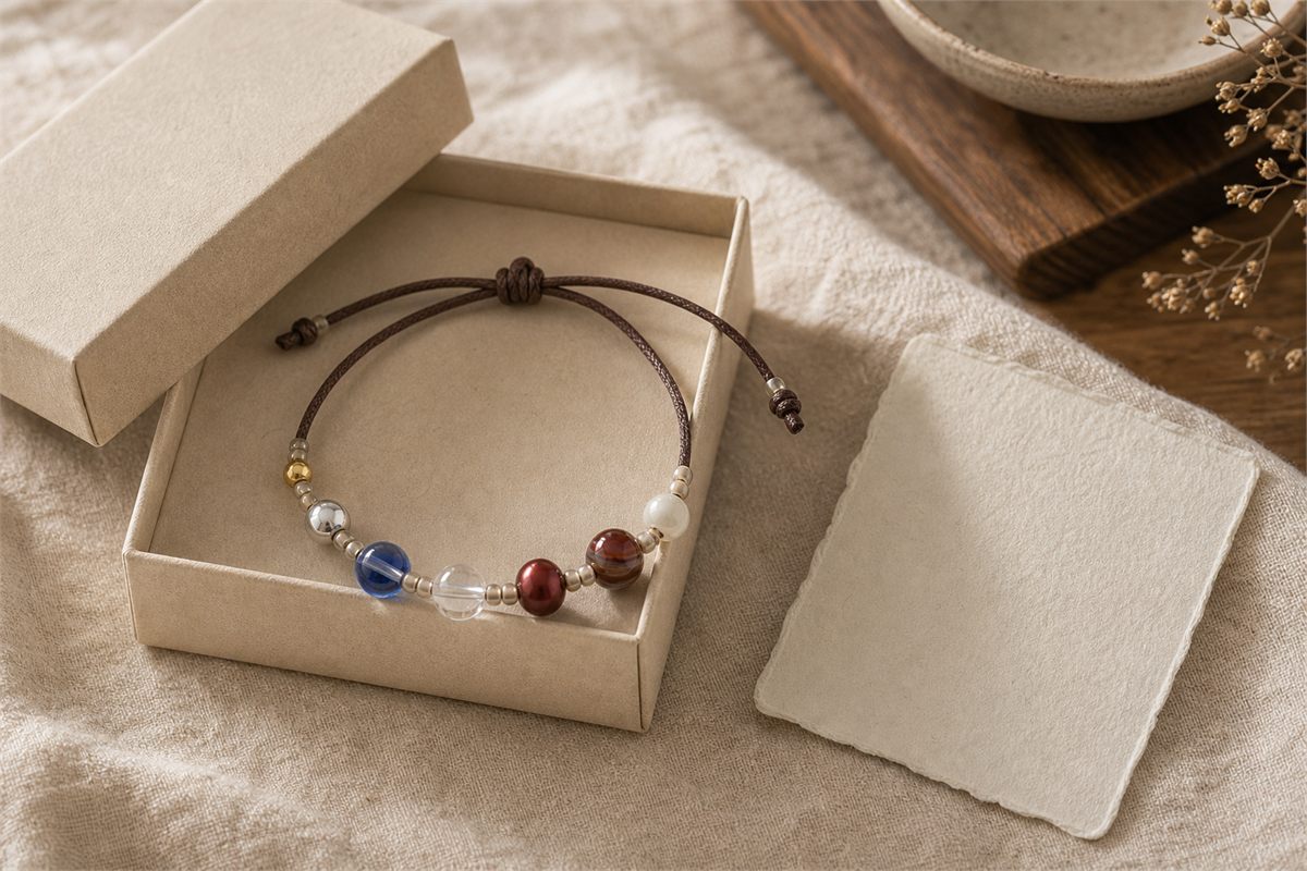 Brown cord bracelet with seven distinct gold-tone, silver-tone, blue glass, clear quartz, red, banded agate, and white ceramic focal beads in an ivory gift box