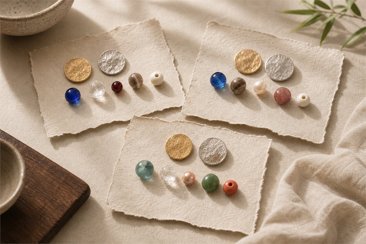 Three separate groups of seven differently colored metal, glass, crystal, stone, pearl-like, and ceramic tokens on blank handmade paper