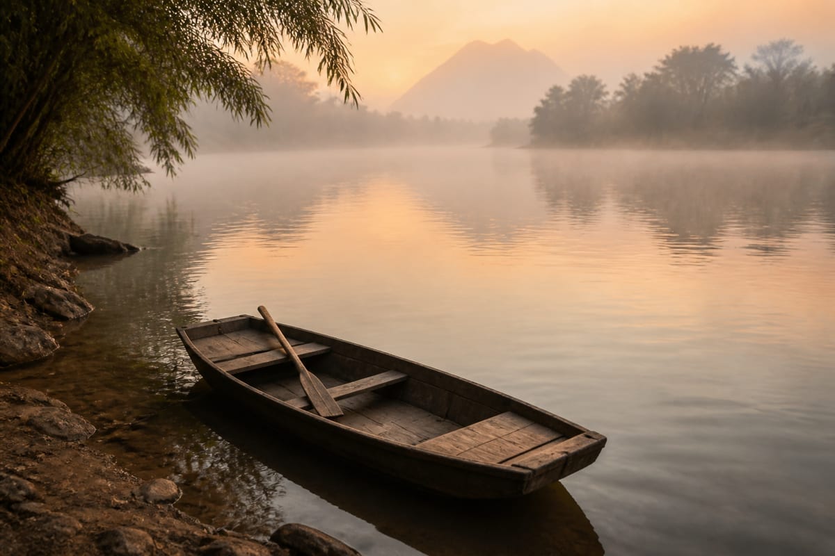 Small wooden ferry boat with one oar beside a calm riverbank at dawn