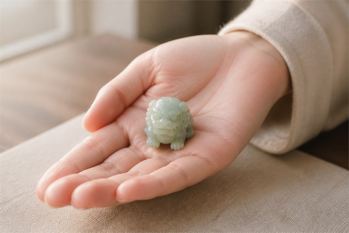 One small pale celadon jade lion pendant resting in an open hand