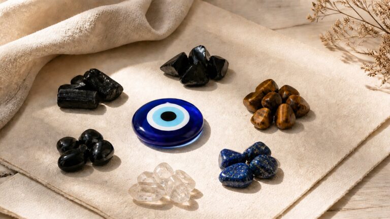 Six distinct jewelry stones arranged around a blue glass evil-eye amulet on warm neutral linen.