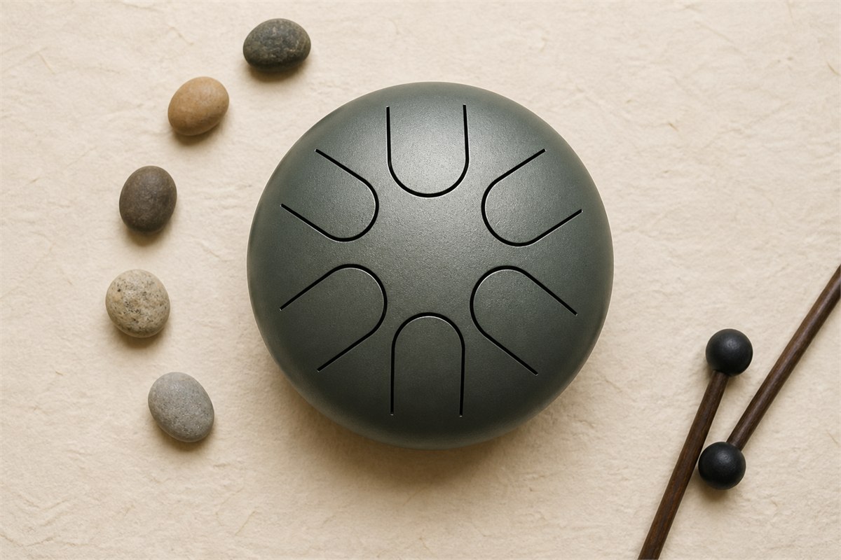 Overhead view of a six-tongue mini steel drum with soft mallets on ivory paper
