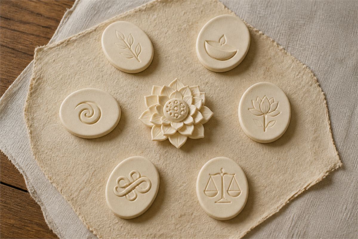 Six ivory-colored ceramic symbols arranged around a carved lotus on handmade paper