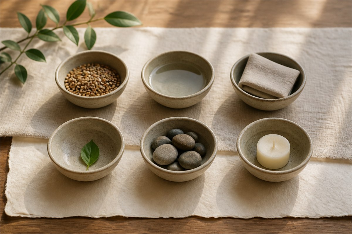 Six ceramic bowls holding seeds, water, cloth, a leaf, stones, and an unlit candle