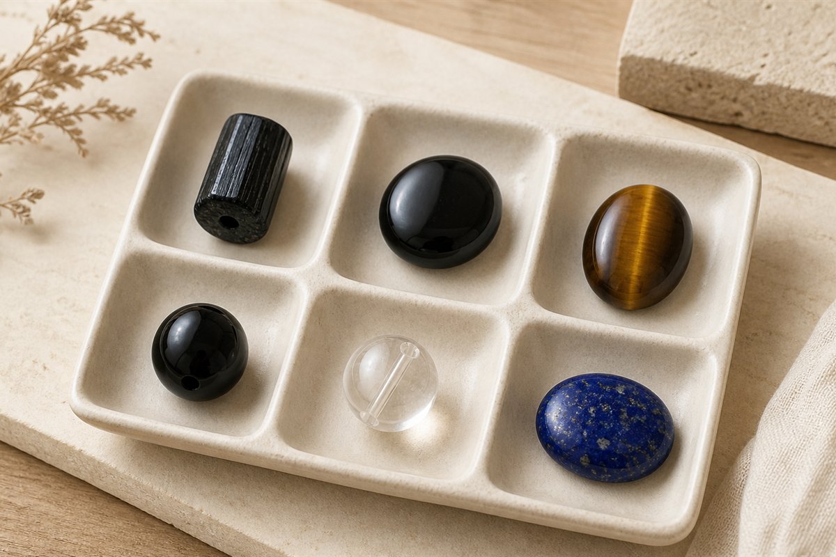 Six material groups shown separately: black tourmaline, obsidian, tiger’s eye, black chalcedony, clear quartz, and lapis lazuli.