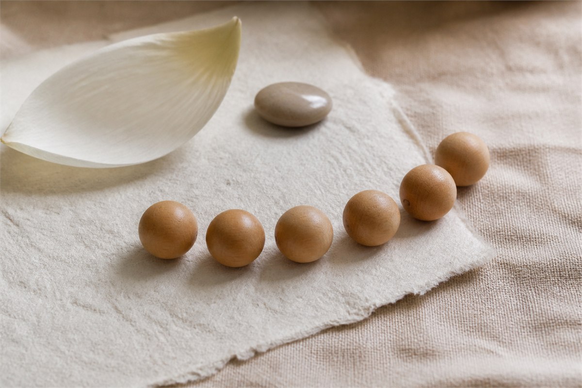 Six plain wooden beads beside an ivory lotus petal and polished stone