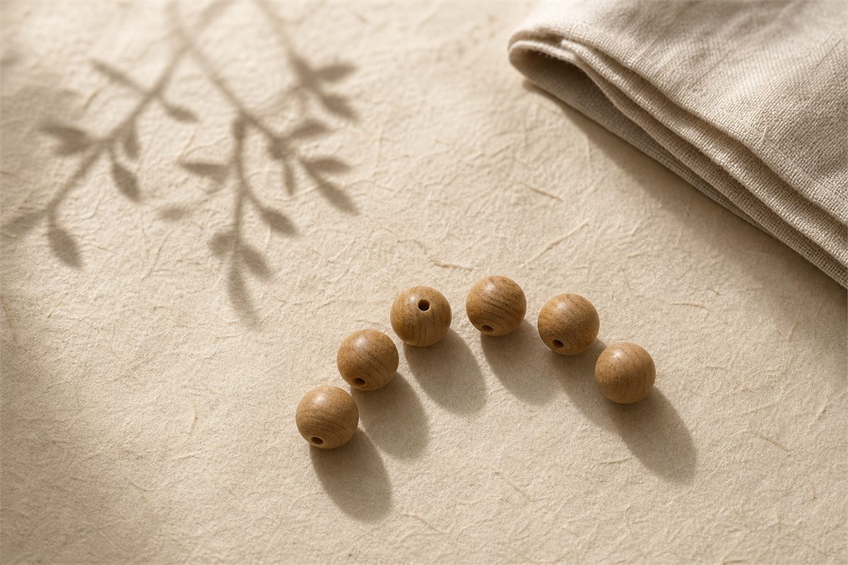 Exactly six natural wooden beads arranged in an open arc on warm handmade paper