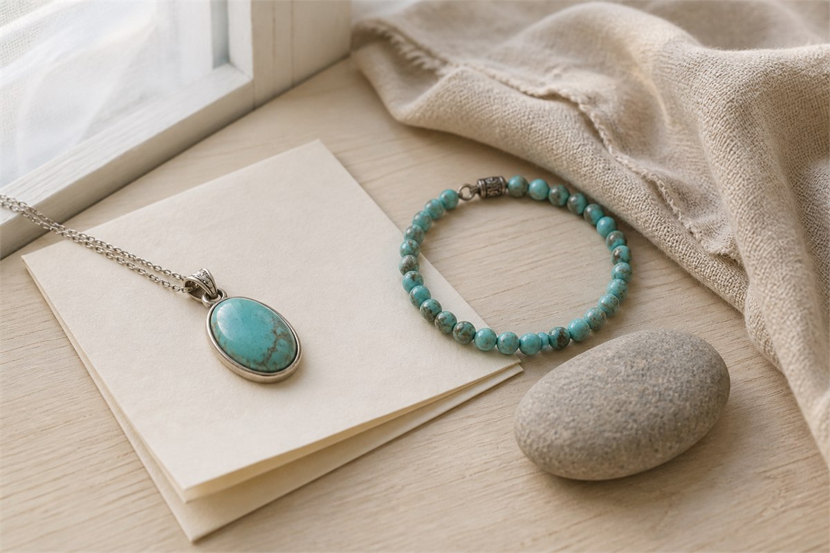 Turquoise pendant and bead bracelet beside a blank note and smooth stone near a window