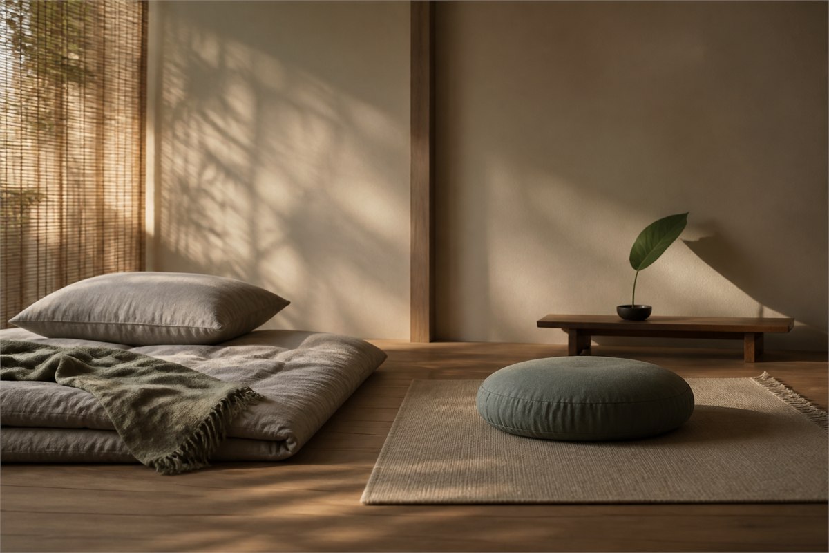 Folded sleeping mat and pillow beside a round meditation cushion in a quiet room
