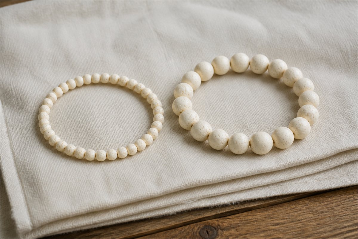 Two bone bead bracelets with smaller and larger round beads on folded linen