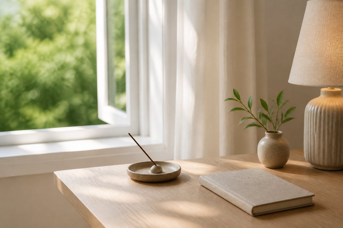An extinguished incense holder, blank journal, and warm lamp beside an open window in a smoke-free room