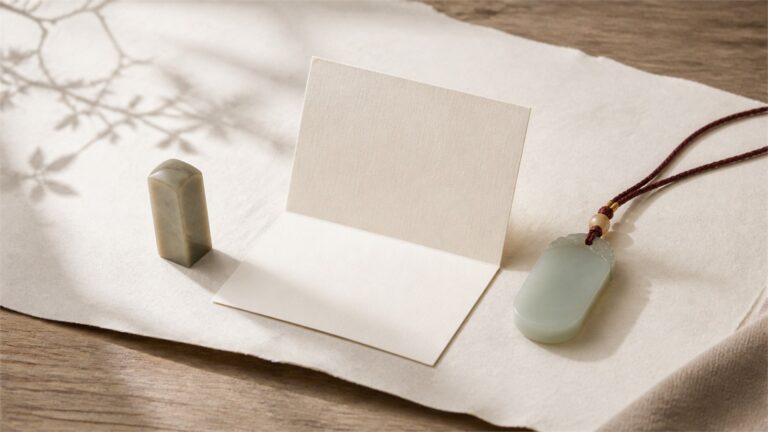 Plain jade-toned pendant, side-facing stone seal, and blank card in a warm still life