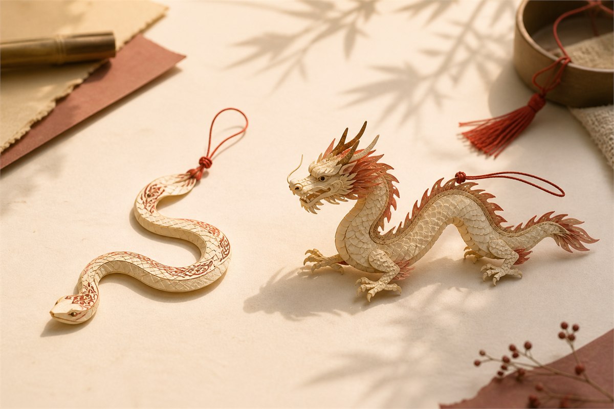 Separate paper ornaments shaped as a limbless snake and a four-legged Chinese dragon