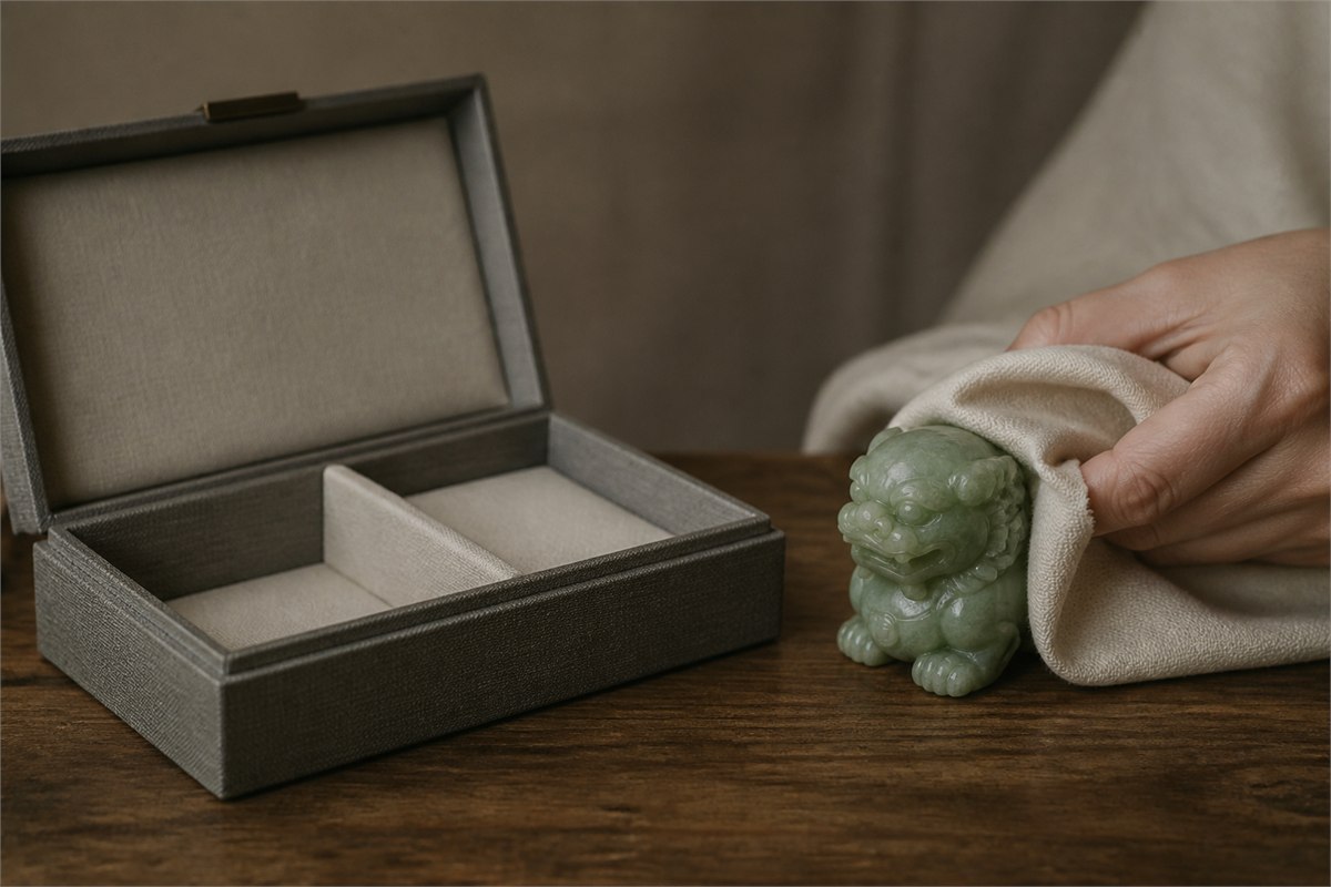 Hand gently wiping a jade lion with a soft ivory cloth beside a lined storage box