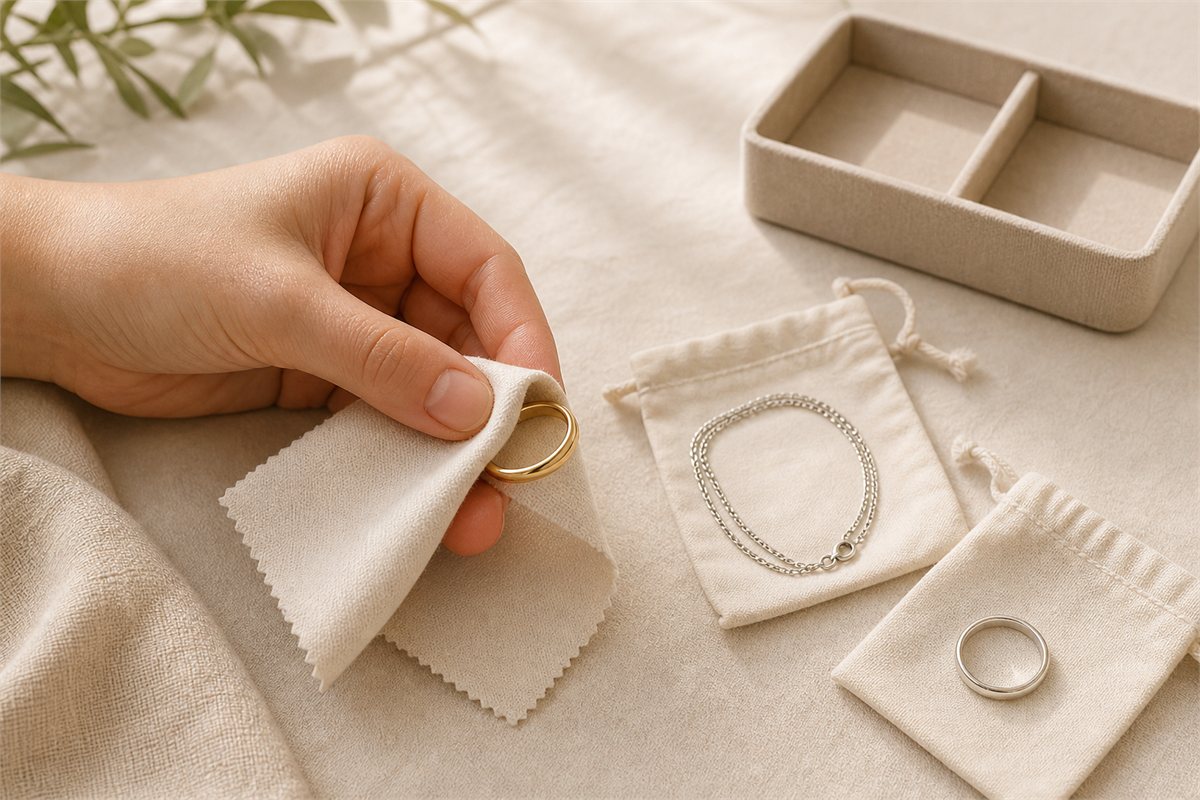 Hands wiping a plain gold ring with a soft dry cloth beside separate pouches holding silver jewelry