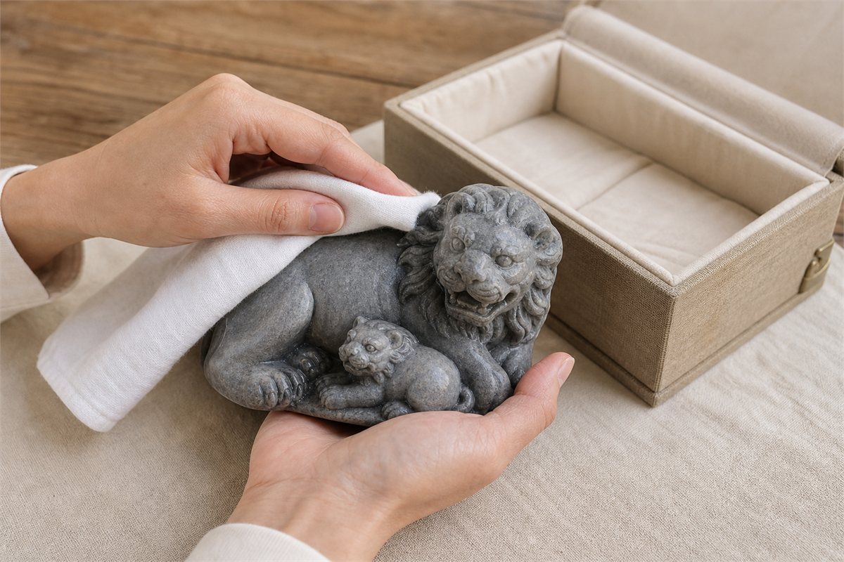 Hands gently wiping a large-and-small stone lion carving with a soft cotton cloth beside a padded box