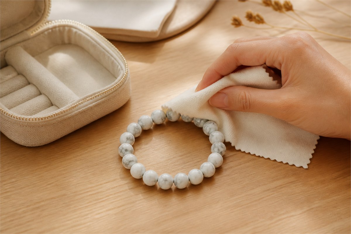 Hand wiping a white veined bracelet with a soft dry cloth beside a fabric pouch